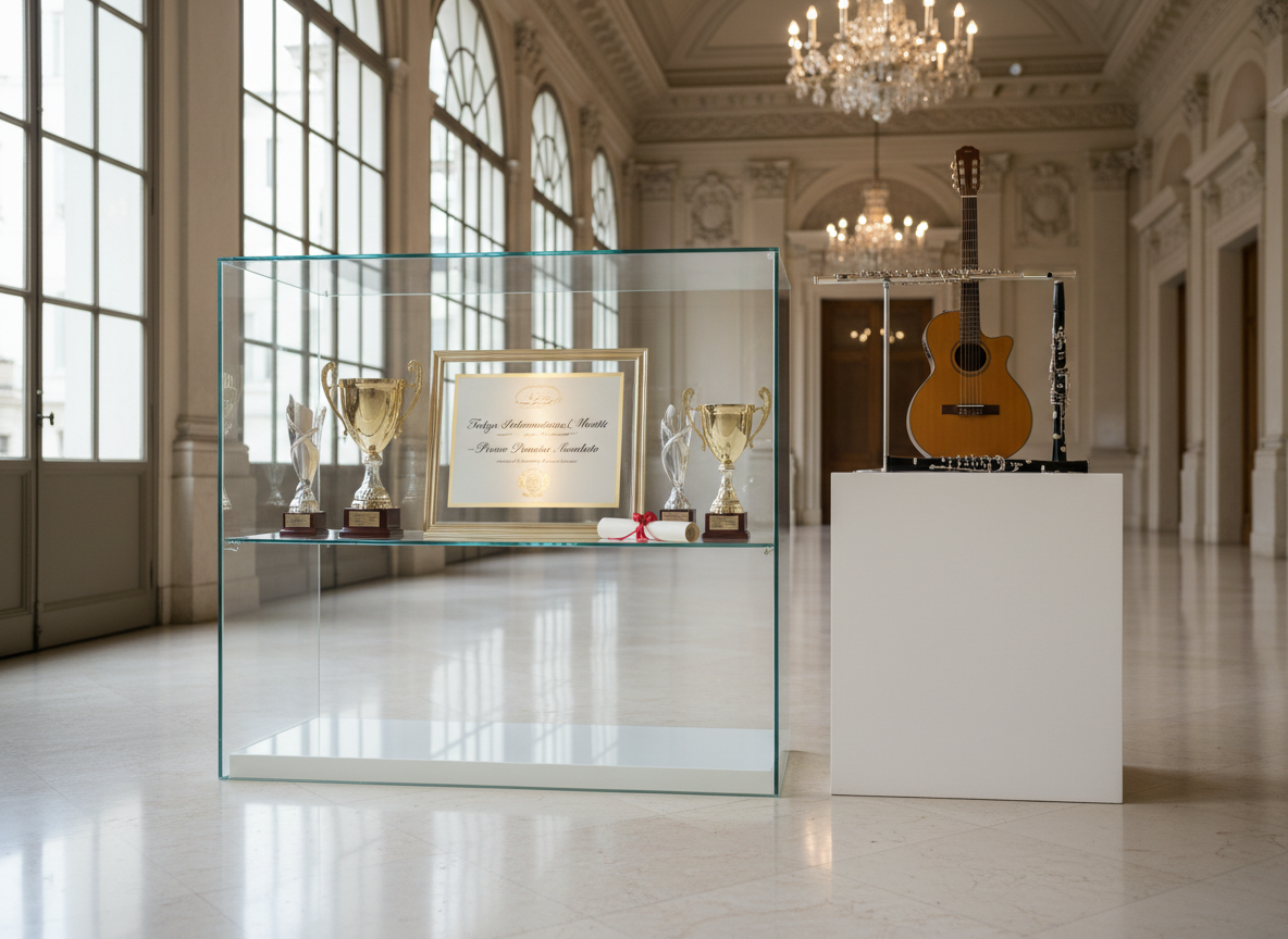 A refined Italian concert hall lobby interior with a sleek glass display case showcasing prestigious music competition trophies and certificates, including a highlighted plaque inscribed "Tokyo International Youth Music Competition – Primo Premio Assoluto" in Italian style typography. Beside it, a minimal pedestal displays the trio’s three instruments—flute, guitar, and clarinet—arranged in a harmonious vertical composition. Tall arched windows allow soft daylight to wash the marble floor, reflecting subtle highlights on the glass and metal. The mood is celebratory yet understated, conveying international recognition and artistic excellence. Photographic realism from an eye-level vantage point, with the composition balanced so the trophies and instruments share equal visual weight, and the background of blurred, sophisticated architectural details suggests a prestigious venue.