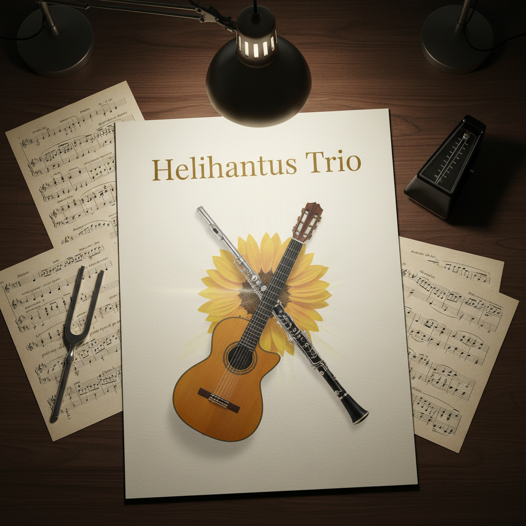 A sophisticated concert poster mockup placed on a dark walnut desk: the poster features the elegant title "Helianthus Trio" in refined serif typography above a stylized yet photographic image of flute, guitar, and clarinet intersecting like petals of a sunflower. The paper has a subtle matte texture and creamy off-white tone. Around it, scattered sheet music with Italian performance markings, a tuning fork, and a black metronome create a classical music context. Overhead, soft, directional desk lamp light pools on the poster, creating a gentle vignette and faint shadows from the objects. The mood is cultured and professional, suggesting prestigious performances and competitions. Shot from a directly overhead, bird’s-eye perspective in photographic realism, with crisp details and a clean, modern composition.