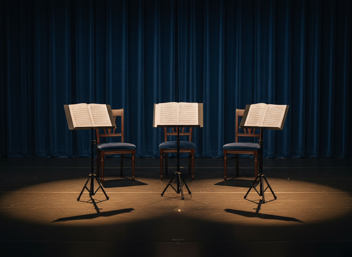 A polished black concert stage floor with three empty music stands arranged in a gentle arc, each holding crisp white sheet music with delicate notation for flute, guitar, and clarinet. Behind them, three elegant wooden chairs with dark velvet cushions create a balanced, symmetrical focal point. The backdrop is a rich, deep blue concert curtain, subtly textured. Warm, focused stage spotlights from above cast soft, overlapping pools of light and graceful shadows, suggesting anticipation before a refined chamber performance. Photographic realism, shot at eye level with a slightly wide lens and shallow depth of field, emphasizing the central trio setup while the auditorium beyond dissolves into a smooth, sophisticated bokeh.