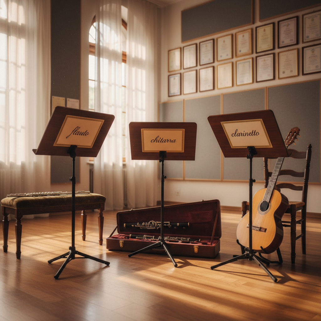 A refined rehearsal room with an empty semicircle of three music stands, each labeled subtly with the words "flauto", "chitarra", and "clarinetto" on elegant name cards. On the polished wooden floor lies an open leather instrument case containing a disassembled clarinet, while a classical guitar rests upright against a simple chair and a silver flute gleams on a nearby cushioned bench. Late afternoon light pours through tall windows with sheer curtains, casting long, soft shadows and a warm golden glow across the room. The atmosphere is studious yet serene, evoking years of dedicated practice. Photographic realism, composed using the rule of thirds, with sharp focus on the stands and a gentle blur toward the far wall lined with acoustic panels and framed competition certificates.