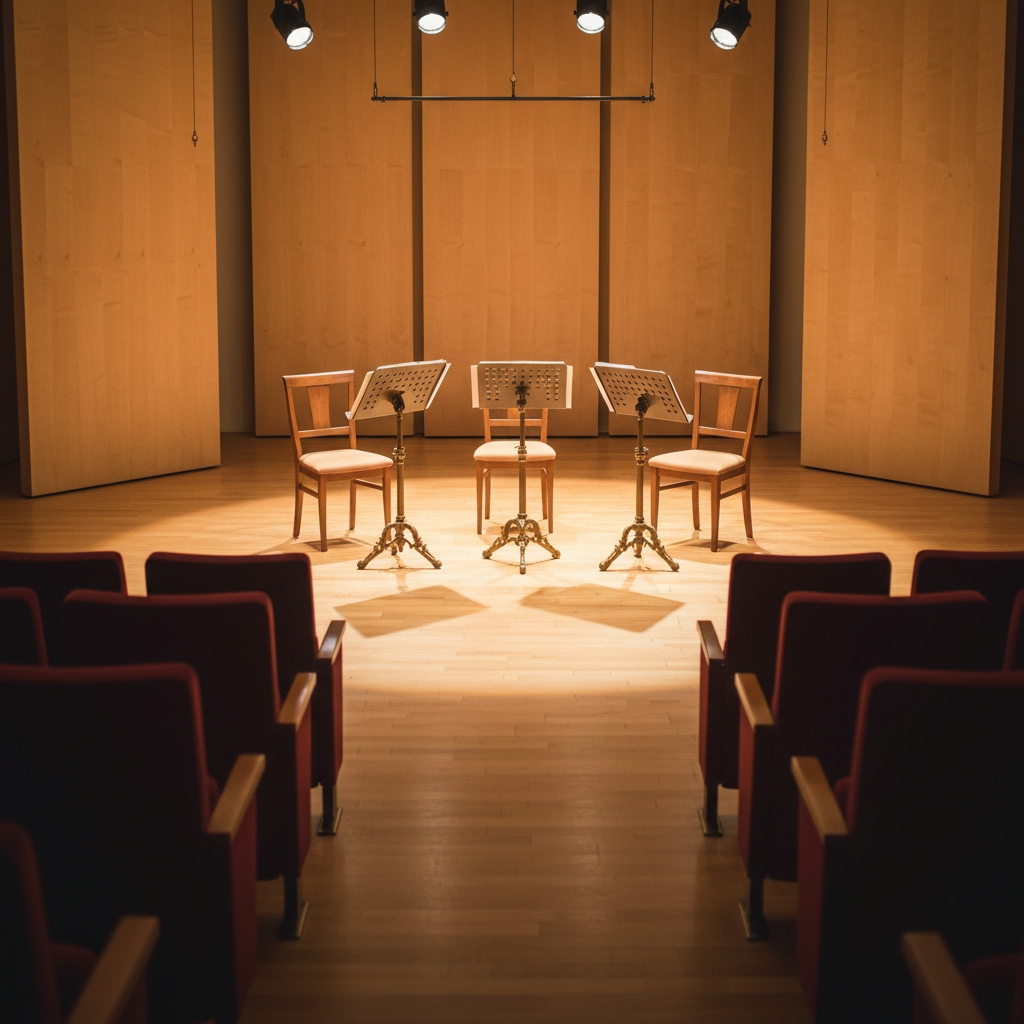 An intimate recital hall interior showcasing three empty chairs and matching music stands placed center stage on a honey-colored wooden platform, framed by tastefully minimalist side panels. In the foreground, blurred plush red theater seats lead the eye toward the trio’s performance space. Overhead, refined warm-white stage lights spotlight the arrangement, creating a halo of illumination and soft, elongated shadows behind the stands. On each stand, visible titles reference classical repertoire for flute, guitar, and clarinet, printed in Italian. The atmosphere is poised and anticipatory, evoking a prestigious chamber music evening. Photographic realism, captured from the back of the hall with a long lens, using shallow depth of field to keep the stage sharply defined while the audience area melts into a sophisticated blur.