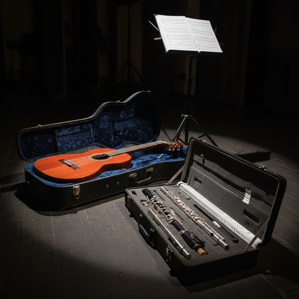 A close, detailed still life of three open instrument cases on a dark stage floor: a midnight-blue velvet-lined guitar case cradling a finely varnished classical guitar, a compact black clarinet case with each joint nestled in custom-cut padding, and a slim, satin-lined flute case revealing gleaming silver segments. A polished black music stand holds neatly arranged sheet music above them. A single side spotlight from stage left creates dramatic chiaroscuro lighting, emphasizing textures of velvet, leather, and polished wood while casting elongated, moody shadows. The mood is introspective and artistic, suggesting preparation moments before a competition performance. Photographic realism, shot from a low, three-quarter angle, with crisp focus that captures every tactile detail against a softly darkened, unobtrusive background.
